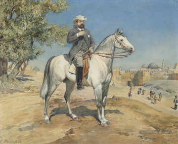 Un cavalier par une porte de Jérusalem Gustav Bauernfeind orientaliste Peinture à l'huile